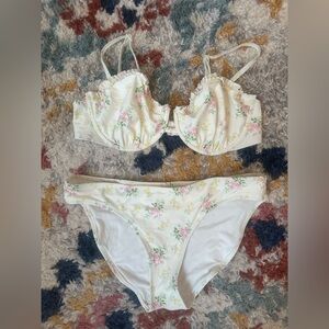 Aerie Floral Bikini Set - Cream with Pink and Green Accents